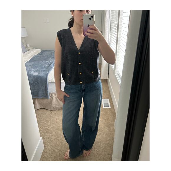 Sag Harbour Sweaters - Vintage Sag Harbour dark grey gold button v neck sweater vest sz M-L